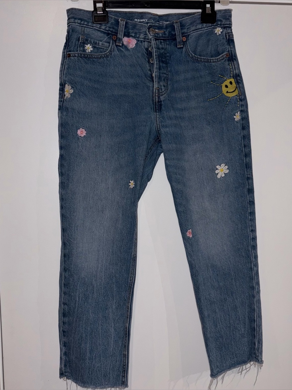 Old Navy Blue High Rise Slouchy Straight Jeans Daisy Smiley Embroidery Size 6